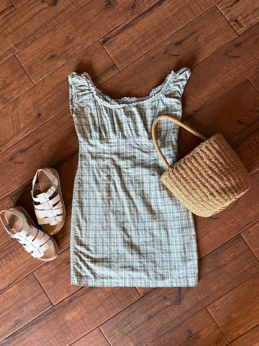 Vintage Sage Plaid Milkmaid Dress Cottagecore Cap Sleeve Mini Dress
